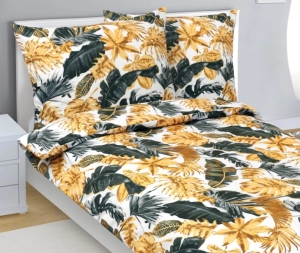 Bellatex Povlečení bavlněné 140x200, 70x90 cm Listy palmové zlatá, šedá, bílá