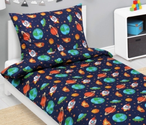 Bellatex Povlečení bavlněné Junior 140x200, 70x90 cm Vesmír modrá, oranžová