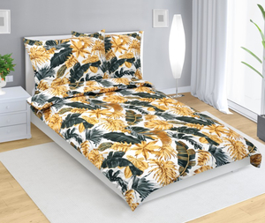 Bellatex Povlečení bavlněné 140x200, 70x90 cm Listy palmové zlatá, šedá, bílá