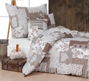 Povlečení flanel patchwork hnědý srdce 140x200+70x90 cm  