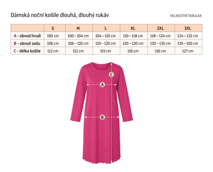Bellatex Noční košile dlouhý rukáv XXL Noční košile s dlouhým rukávem Růžová,Černá