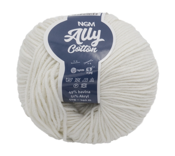 Bellatex Příze ALLY cotton 50g / 140 m Celoroční směsová příze, praní na 30°C, doporučená velikost jehlic č. 3-4 mm, háček 1-2 mm přírodní