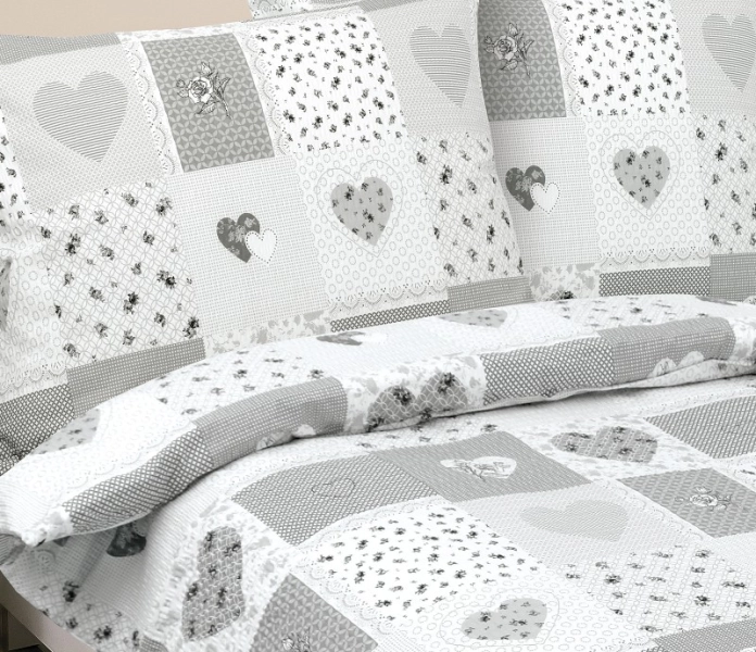Bellatex Krepové povlečení 140x220 cm, 70x90 cm Srdce patchwork Šedá,Bílá